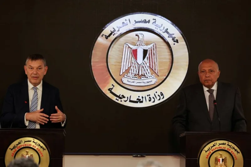 United Nations Relief and Works Agency for Palestine Refugees (UNRWA) Commissioner-General Philippe Lazzarini and Egyptian Foreign Minister Sameh Shoukry speak to the media in Cairo, Egypt, on Monday. REUTERS