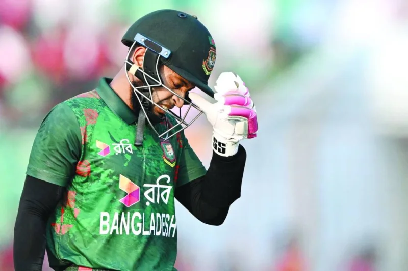 (FILES) Bangladesh's Mushfiqur Rahim reacts as he walks back to the pavilion after his dismissal during the second one-day international (ODI) cricket match between Sri Lanka and Bangladesh at the Zahur Ahmed Chowdhury Stadium in Chittagong on March 15, 2024. Veteran Bangladesh batsman Mushfiqur Rahim has been ruled out of the upcoming Test series against Sri Lanka due to a thumb injury, the cricket board said on March 19. (Photo by Munir UZ ZAMAN / AFP)