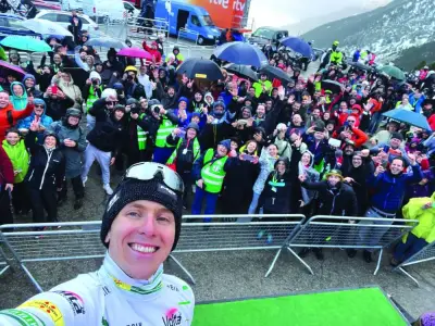 Two-time Tour de France winner Tadej Pogacar takes a selfie after wining the second stage of the Tour of Catalonia on Tuesday. (@VoltaCatalunya)