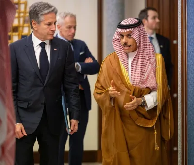 US Secretary of State Antony Blinken meets Saudi Arabia&#039;s Foreign Minister Prince Faisal bin Farhan Al-Saud, in Jeddah, Saudi Arabia on Wednesday. Saudi Press Agency/Handout via REUTERS
