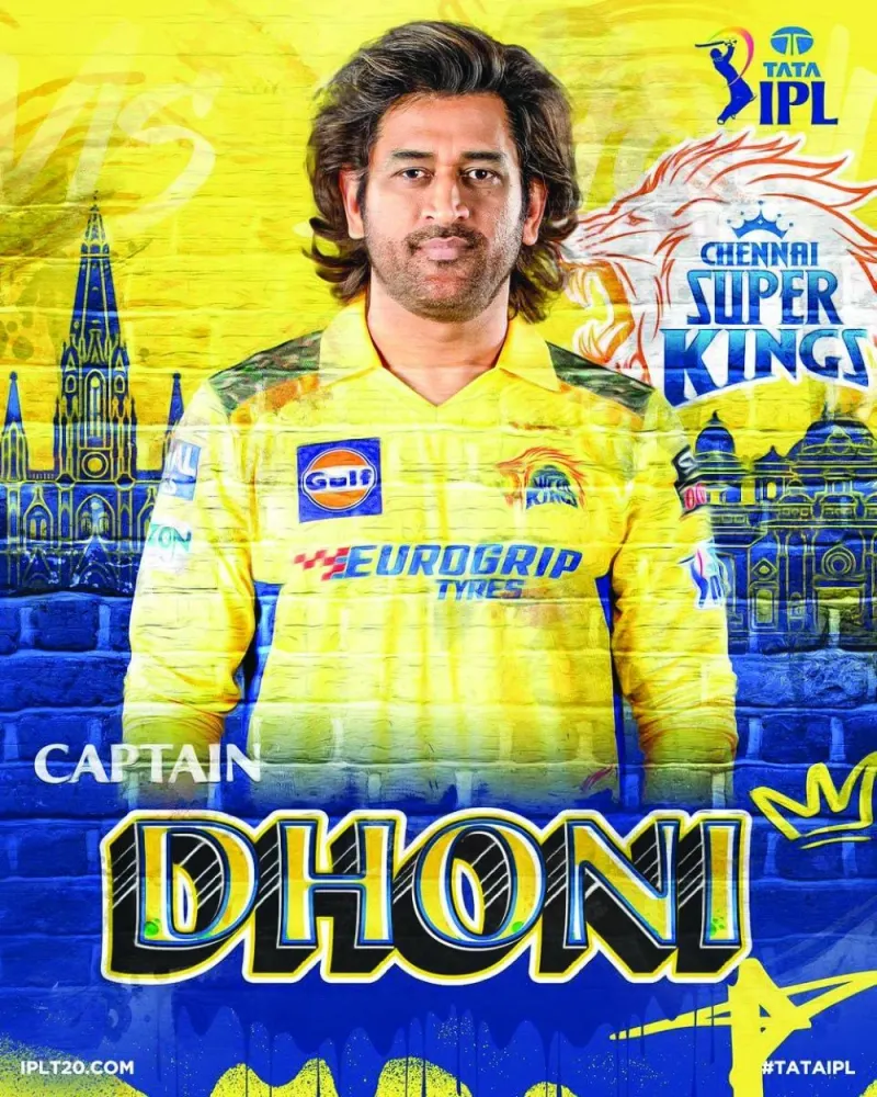 
MS Dhoni poses in CSK outfit for the 2024 IPL season.   