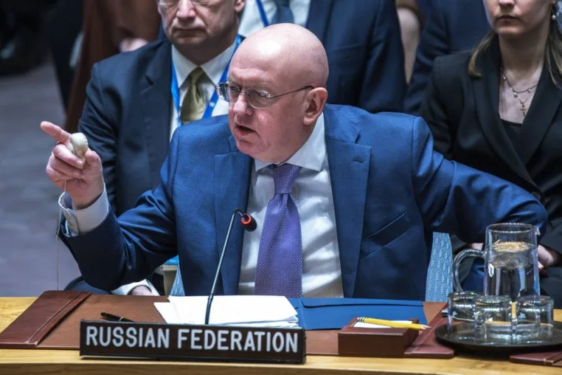 Russia&#039;s Ambassador to the United Nations Vasily Nebensya speaks to delegates after voting against a US ceasefire resolution for the Gaza war during a UN Security Council meeting. AFP