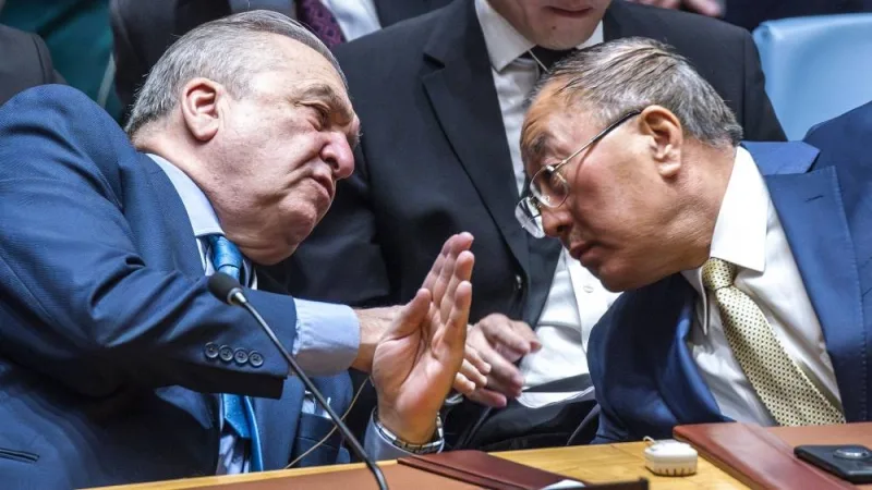 Permanent Representative of Algeria to the United Nations Amar Bendjama (L) talks to China&#039;s ambassador to the United Nations, Zhang Jun, after voting against a US ceasefire resolution for the Gaza war. AFP