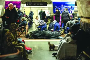 
People take shelter inside a metro station during a Russian missile strike in Kyiv over the weekend. (Reuters) 
