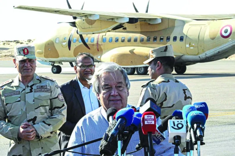UN Secretary-General Antonio Guterres speaks to the media at El-Arish International Airport in Egypt’s northeastern province of North Sinai, yesterday.