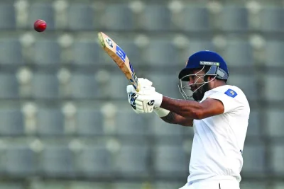 Sri Lanka’s Dimuth Karunaratne plays a shot during the second day of the first Test against Bangladesh at the Sylhet International Cricket Stadium in Sylhet on Saturday. (AFP)