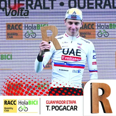 Slovenian’s Tadej Pogacar celebrates after winning the third stage of Tour of Catalonia in the Pyrenees on Saturday.
