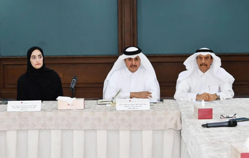 From left: Ministry of Labour assistant undersecretary for Migrant Labour Affairs Sheikha Najwa bint Abdulrahman al-Thani, Qatar Chamber chairman Sheikh Khalifa bin Jassim al-Thani, and Qatar Chamber acting general manager Ali Saeed bu Sherbak al-Mansouri during the meeting.