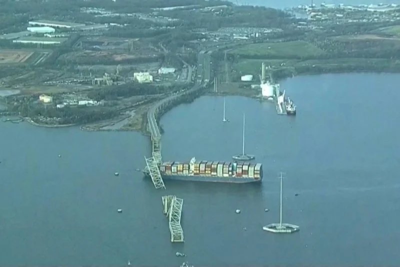 An aerial view of the Dali cargo vessel which crashed into the Francis Scott Key Bridge causing it to collapse in Baltimore. REUTERS