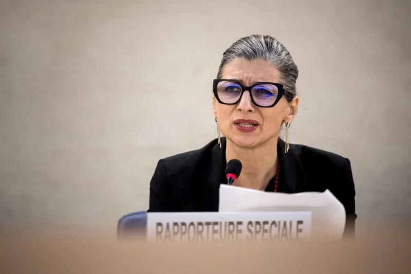 United Nations (UN) Special Rapporteur on the Rights Situation in the Palestinian Territories, Francesca Albanese, delivers her rapport during a session of the UN Human Rights Council, in Geneva, on Tuesday. AFP