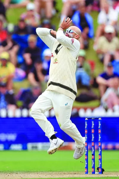 Australia&#039;s Nathan Lyon bowls during day four of the 1st International cricket Test match between New Zealand and Australia at the Basin Reserve in Wellington on March 3, 2024. (AFP/File photo)