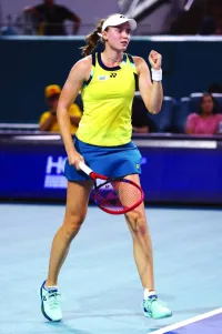 
Elena Rybakina of Kazakhstan reacts after defeating Maria Sakkari of Greece during the Miami Open. (AFP) 