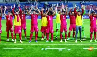 
Qatar players celebrate after their win over Kuwait in the joint qualifiers for the FIFA World Cup 2026 and AFC Asian Cup 2027 on Tuesday. 