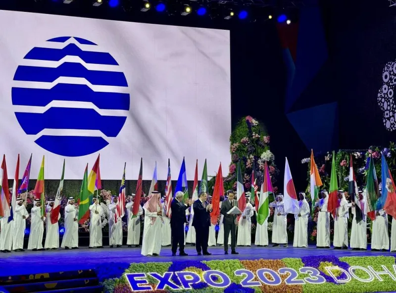 The flag of the BIE is handed over by Qatar to the organisers of Expo 2027 Yokohama, the next horticultural expo, at the closing ceremony of Expo 2023 Doha yesterday.