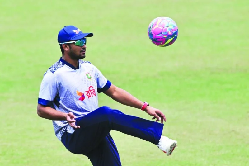 Bangladesh’s Shakib Al Hasan plays football during a practice session at the Zahur Ahmed Chowdhury Stadium in Chittagong ahead of second Test against Sri Lanka. (AFP)