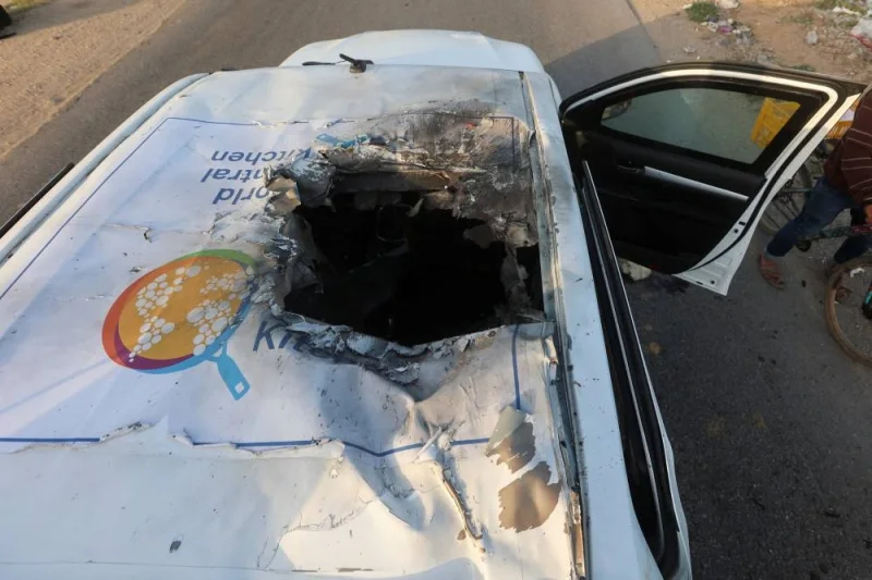 A view of the destroyed roof of a vehicle where employees from the World Central Kitchen (WCK), including foreigners, were killed in an Israeli airstrike. REUTERS