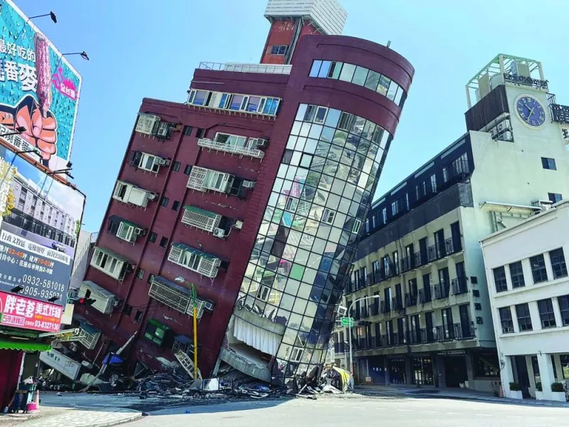 A damaged, partially collapsed building in Hualien