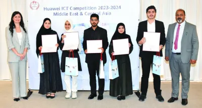 Officials with the winners of the national and regional Huawei ICT Competition 2023-2024 Middle East and Central Asia.