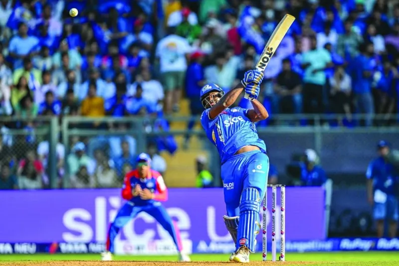 Mumbai Indians’ Romario Shepherd plays a shot during the Indian Premier League match against Delhi Capitals at the Wankhede Stadium in Mumbai yesterday. (Reuters)
