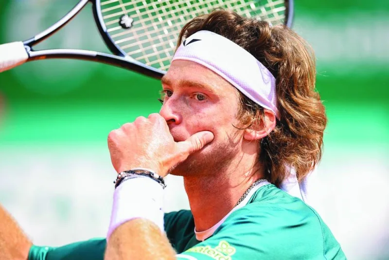 Russia’s Andrey Rublev reacts during his Monte Carlo Masters match against Australia’s Alexei Popyrin at the Monte Carlo Country Club on Wednesday. (AFP)