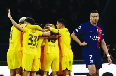 
Paris St Germain’s Kylian Mbappe looks dejected after Barcelona’s Andreas Christensen scored during the Champions League 
quarter-final first leg match at the Parc des Princes in Paris on Wednesday. (Reuters) 