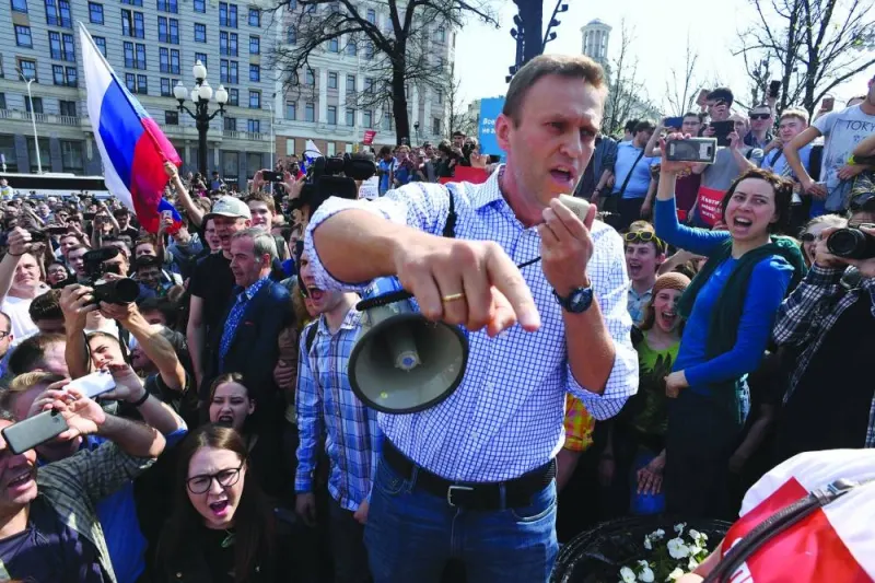 Navalny is seen addressing supporters during an unauthorised anti-Putin rally on May 5, 2018 in Moscow.