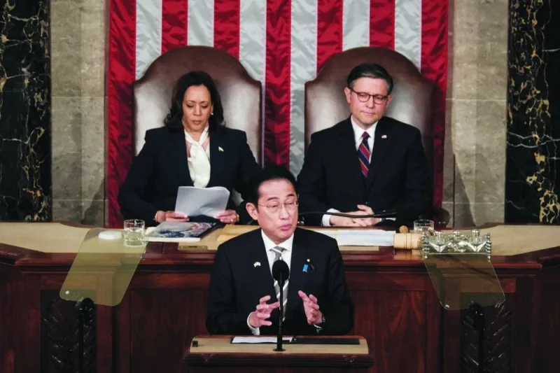 Japanese Prime Minister Fumio Kishida addresses a joint meeting of Congress, as US Vice-President Kamala Harris and House Speaker Mike Johnson listen, at the US Capitol in Washington, US, on Thursday.