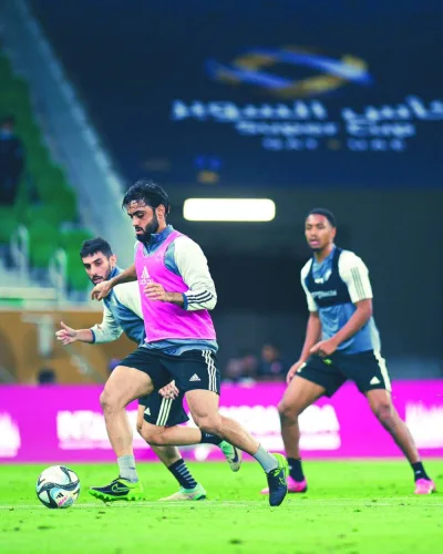 Al Arabi players train at the Al Thumama Stadium on Thursday, on the eve of their Qatar-UAE Super Cup match against Sharjah FC.