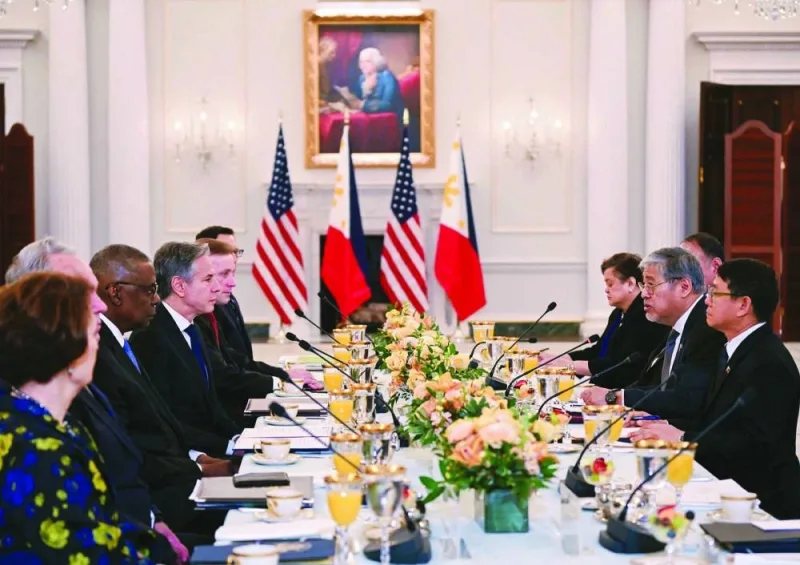 Philippines Foreign Secretary Enrique Manalo (second right) speaks during a meeting with US Secretary of State Antony Blinken (fourth left) and Defence Secretary Lloyd Austin (third left) at the State Department in Washington, DC, on Friday.