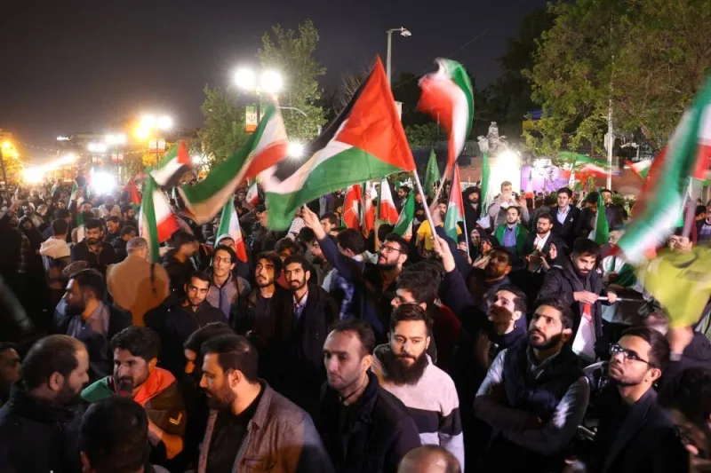 Iranian demonstrators attend an anti-Israeli gathering in front of the British Embassy in Tehran, Iran, Sunday. Majid Asgaripour/WANA via REUTERS