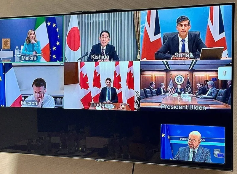 G7 leaders discuss Iranian attack on Israel over a video meeting in this picture obtained from social media, Brussels, Belgium, on Sunday. Charles Michel via X/via REUTERS.