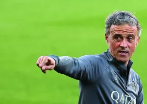 Paris Saint-Germain’s head coach Luis Enrique gestures during a training session on Monday, on the eve of their UEFA Champions League quarter-final second leg match against Barcelona in Barcelona on Monday. (AFP)