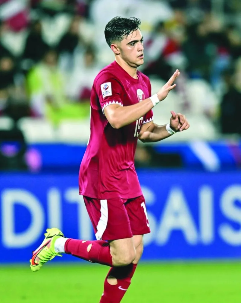 Qatar’s Ahmed al-Rawi gestures after scoring against Indonesia in their AFC U23 Asian Cup Qatar 2024 Group A opener at the Jassim Bin Hamad Stadium on Monday. PICTURES: Noushad Thekkayil