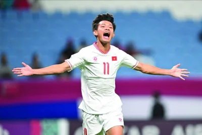 Vietnam’s Bui Vi Hao celebrates after scoring against Kuwait during the AFC U-23 Asian Cup Group D match at the Al Janoub Stadium on Wednesday.
