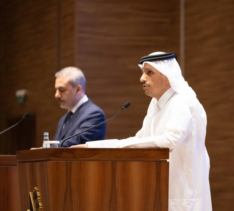 HE the Prime Minister and Minister of Foreign Affairs Sheikh Mohammed bin Abdulrahman bin Jassim Al-Thani holds a joint press conference with the Minister of Foreign Affairs of the Republic of Turkiye Hakan Fidan.