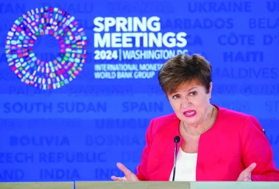 
IMF Managing Director Kristalina Georgieva holds a press briefing on the Global Policy Agenda to open the IMF and World Bank’s 2024 annual Spring Meetings in Washington on Thursday. 