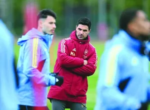 Arsenal manager Mikel Arteta at a training session on Friday.