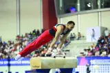 Jordan’s Ahmed Abu al-Saud performs during the pommel horse final at the 16th Artistic Gymnastics World Cup Doha at the Ladies Indoor Hall on Friday.