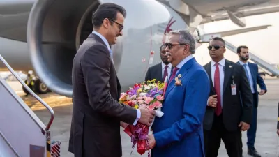 The President of the People&#039;s Republic of Bangladesh Mohammed Shahabuddin welcomes His Highness the Amir Sheikh Tamim bin Hamad al-Thani upon arrival at Hazrat Shahjalal International Airport.