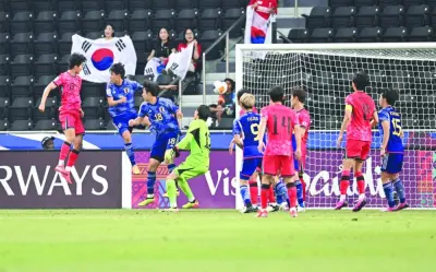 Kim Min-woo (left) scores against Japan during the Group B of the AFC U-23 Asian Cup at Jassim Bin Hamad Stadium on Monday.