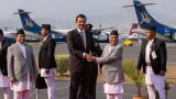 His Highness the Amir Sheikh Tamim bin Hamad Al-Thani being welcomed upon arrival at Tribhuvan International Airport by the President of Nepal Ram Chandra Poudel.