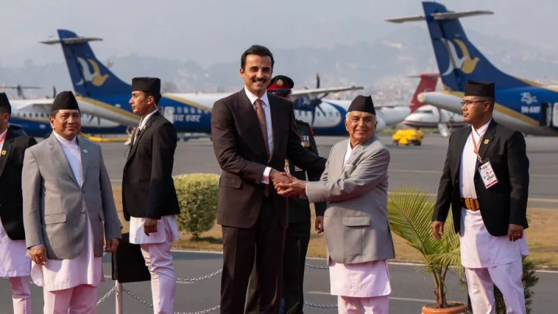 His Highness the Amir Sheikh Tamim bin Hamad Al-Thani being welcomed upon arrival at Tribhuvan International Airport by the President of Nepal Ram Chandra Poudel.