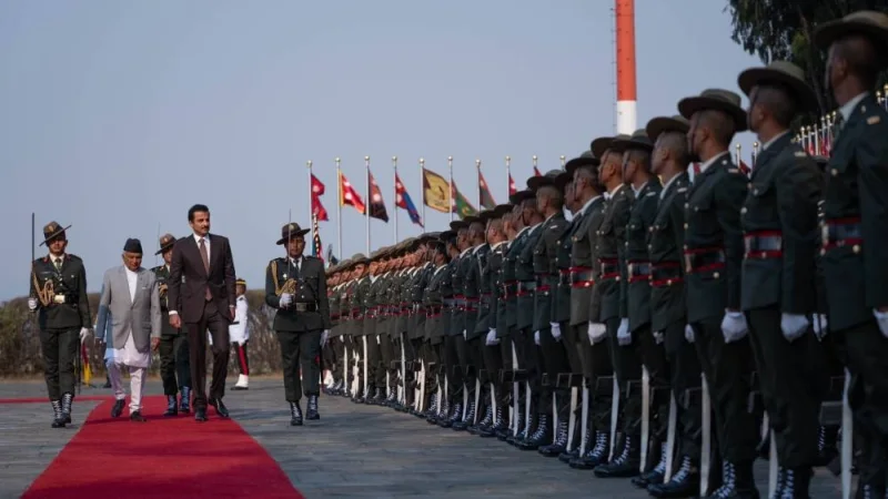 Accompanied by the President of Nepal Ram Chandra Poudel, His Highness the Amir Sheikh Tamim bin Hamad Al-Thani inspects a guard of honour during the ceremonial reception at Kathmandu Tuesday. 