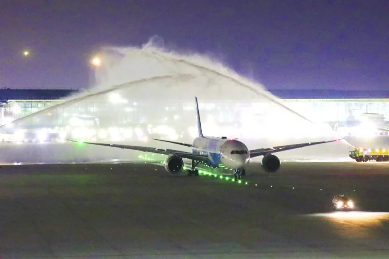 Water cannon salute for the China Southern Airlines plane at Hamad International Airport.