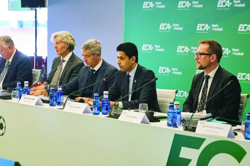 
Headed by Nasser al-Khelaifi (second right), the 37-strong ECA Board met at the Civitas Metropolitan Stadium, Madrid, hosted by ECA Board and ExCo member Miguel Ángel Gil. Headed by Nasser al-Khelaifi (second right), the 37-strong ECA Board met at the Civitas Metropolitan Stadium, Madrid, hosted by ECA Board and ExCo member Miguel Ángel Gil. 