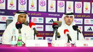 Hassan Rabiah al-Kuwari, Executive Director of Sales, Marketing and Communication at QSL (right) and Ahmad Salman al-Adsani, Director of Competitions Department at QSL, revealing Qatar Cup 2024 details during a press conference at the Al Bidda Tower on Wednesday.