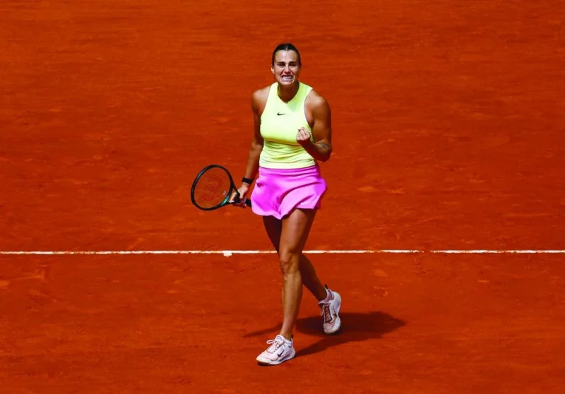 Aryna Sabalenka reacts during her Madrid Open match against Poland&#039;s Magda Linette. (Reuters)
