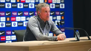 Paris Saint-Germain’s coach Luis Enrique speaks at a press conference on Friday.