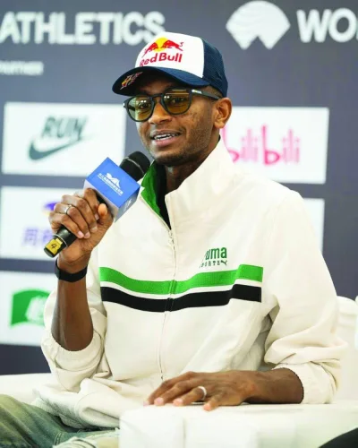 Qatar high jump legend Mutaz Barshim speaks at a press conference on Friday, on the eve of the Suzhou Diamond League in China.