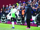 Liverpool’s Mohamed Salah was involved in touchline spat with manager Jurgen Klopp  during the Premier League match against West Ham on Saturday. (Reuters)